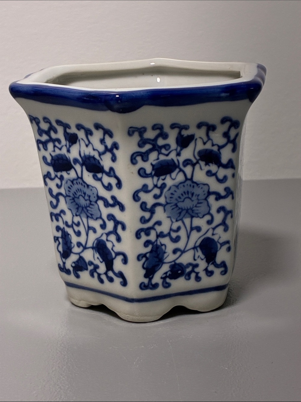 Blue and White Floral Ceramic Planter - Decorative Home Art